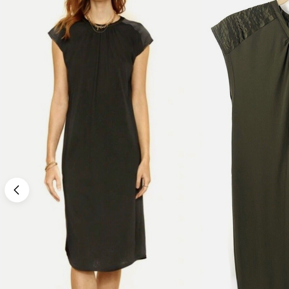 Heartloom Dark Olive Green Rubie Satin Shoulder Belted Midi Sheath Dress Size M